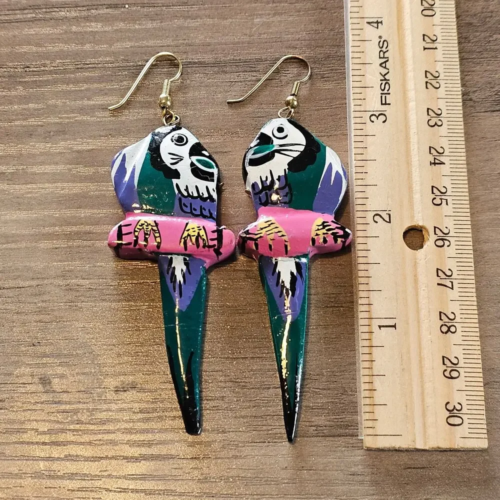 Vintage Green Wooden Tropical Parrot Dangle Earrings